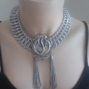 Snake silver tassel recycled handmade statement necklace OOAK